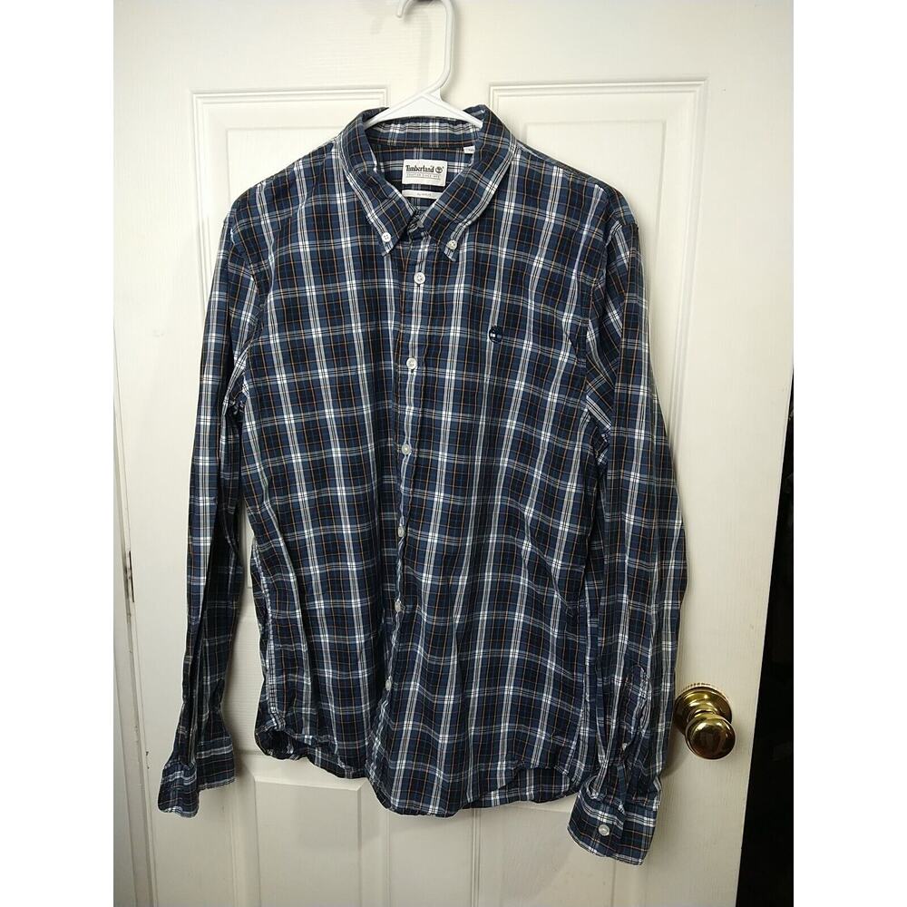 Timberland Men's L Collared Button Shirt Blue Plaid Long Sleeve preppy academia